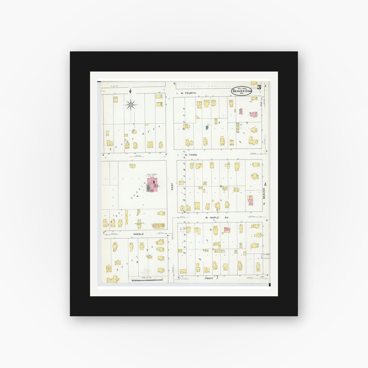 Old map wall art mockup — black gallery frame with white mat — Sanborn Fire Insurance Map from Beaver Dam, Dodge County, Wisconsin (1909), Sheet #0003