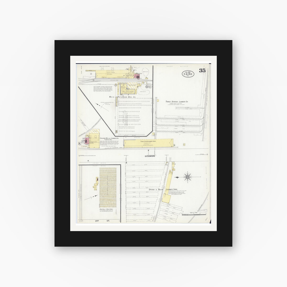 Old map wall art mockup — black gallery frame with white mat — Sanborn Fire Insurance Map from Cairo, Alexander County, Illinois (1907), Sheet #0035