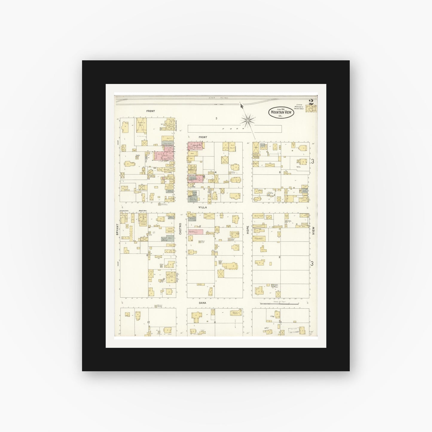 Old map wall art mockup — black gallery frame with white mat — Sanborn Fire Insurance Map from Mountain View, Santa Clara County, California (1904), Sheet #0002