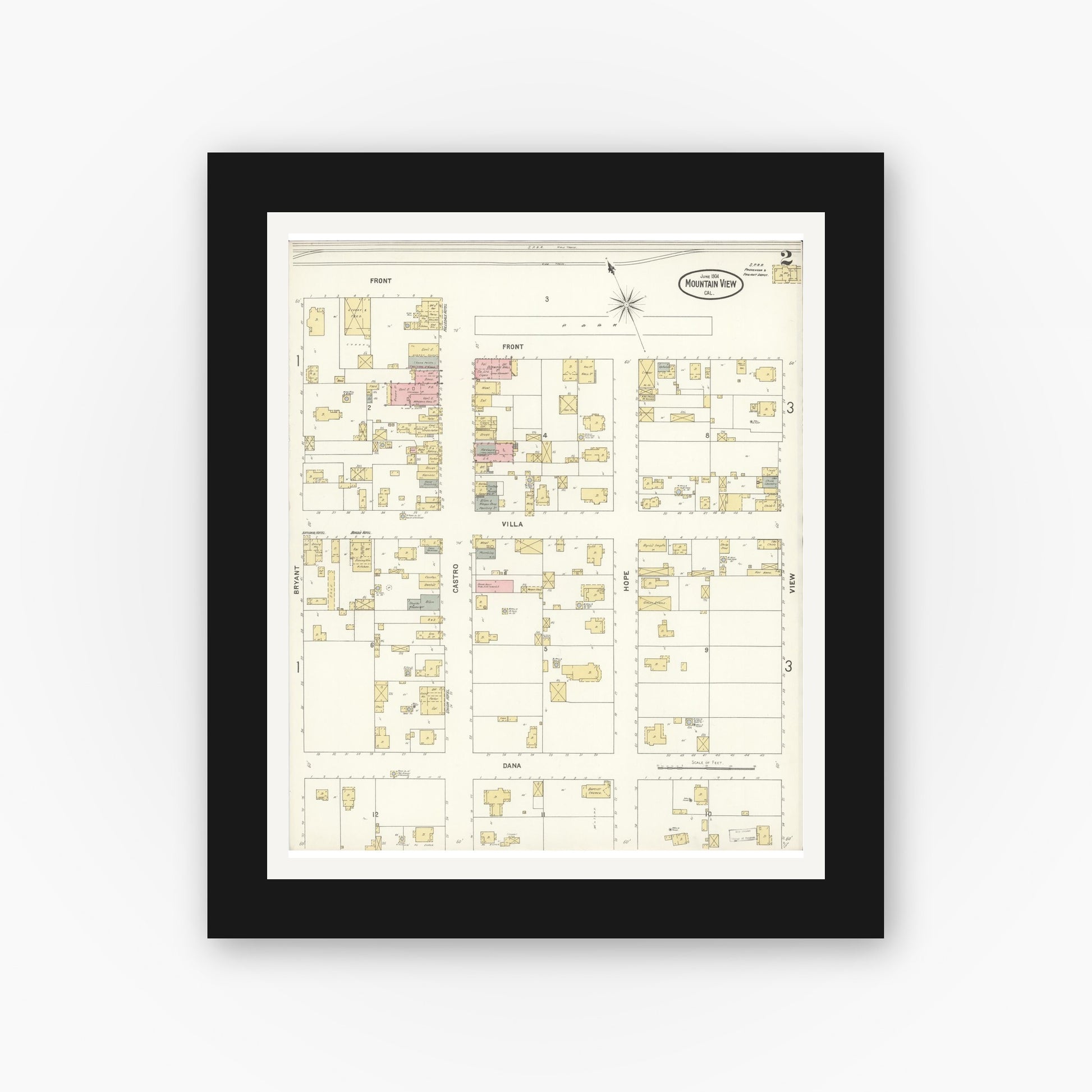 Old map wall art mockup — black gallery frame with white mat — Sanborn Fire Insurance Map from Mountain View, Santa Clara County, California (1904), Sheet #0002