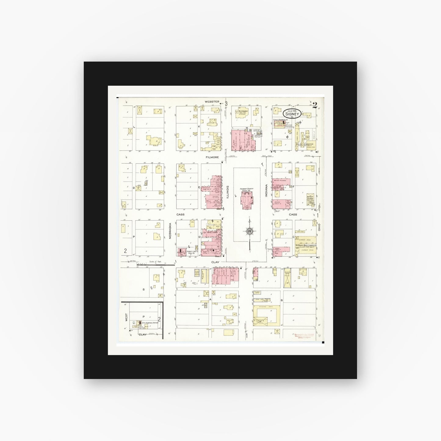 Old map wall art mockup — black gallery frame with white mat — Sanborn Fire Insurance Map from Sidney, Fremont County, Iowa (1914), Sheet #0002