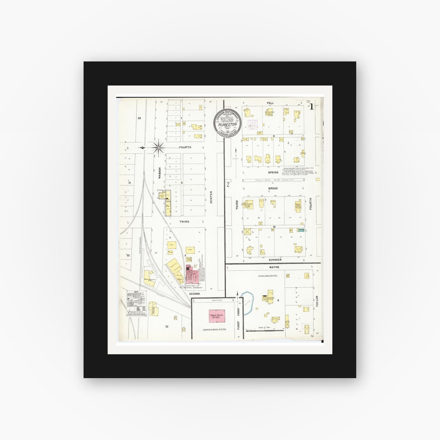 Old map wall art mockup — black gallery frame with white mat — Sanborn Fire Insurance Map from Humeston, Wayne County, Iowa (1907), Sheet #0001