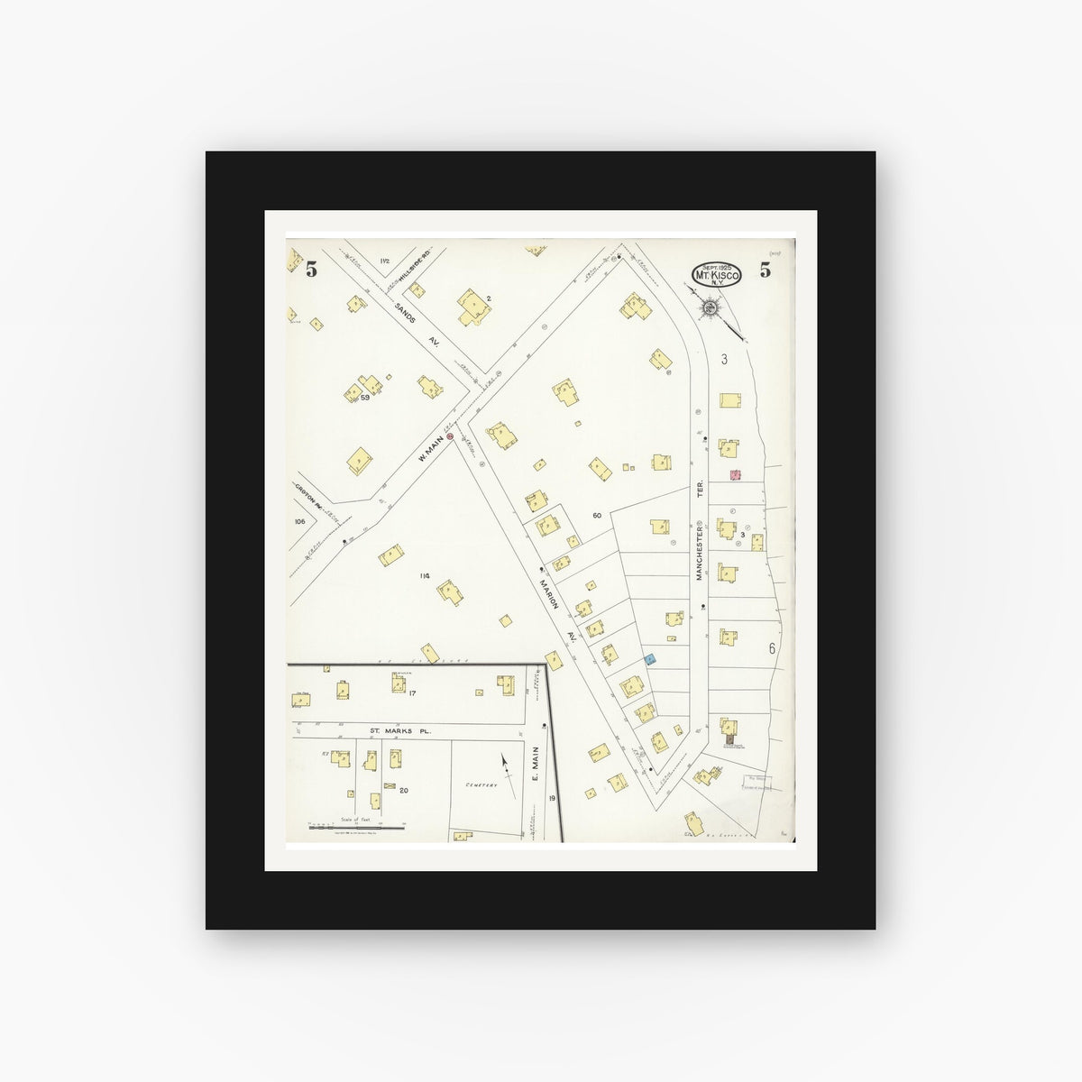 Old map wall art mockup — black gallery frame with white mat — Sanborn Fire Insurance Map from Mount Kisco, Westchester County, New York (1925), Sheet #0005