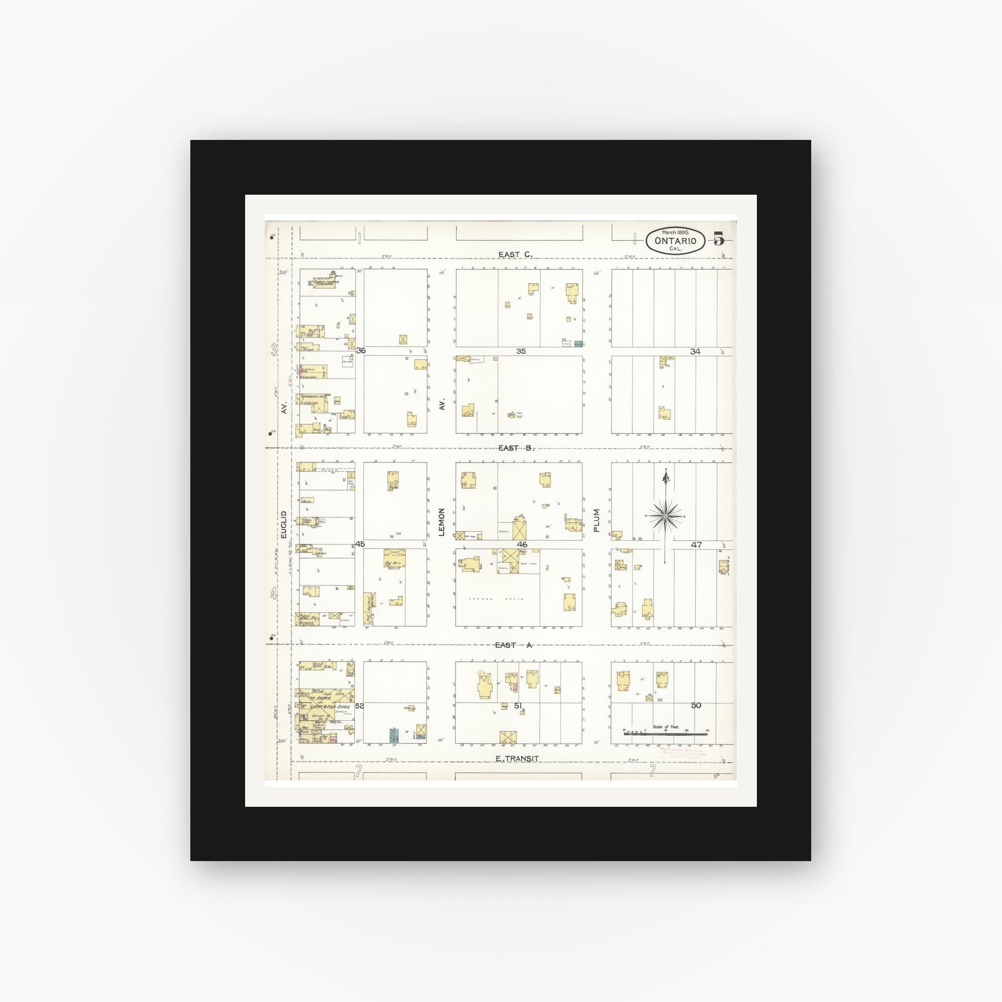 Old map wall art mockup — black gallery frame with white mat — Sanborn Fire Insurance Map from Ontario, San Bernardino County, California (1895), Sheet #0005