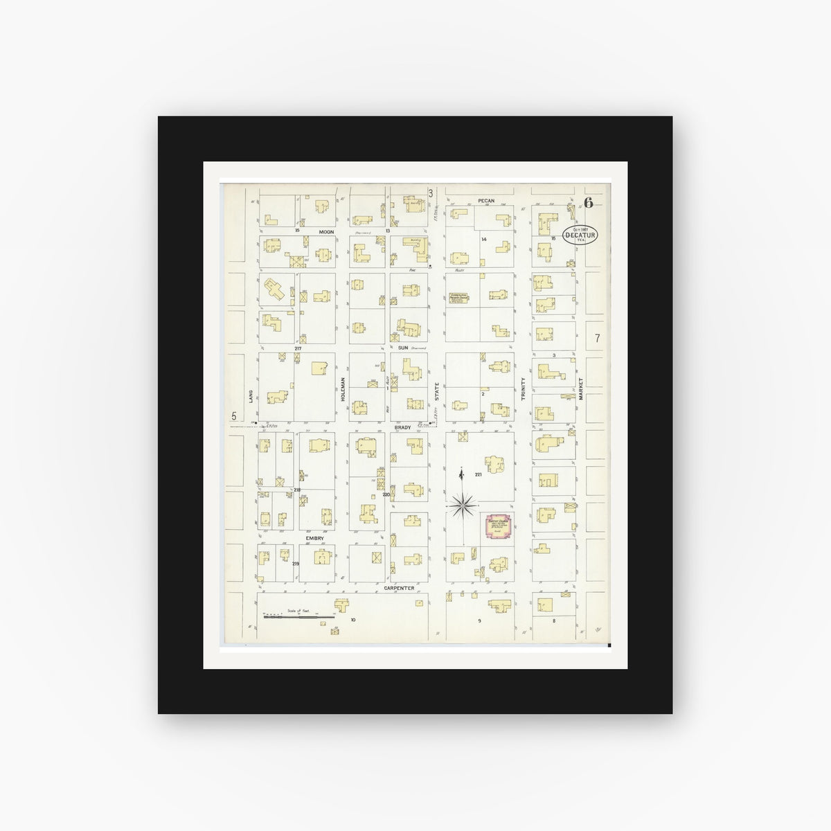 Old map wall art mockup — black gallery frame with white mat — Sanborn Fire Insurance Map from Decatur, Wise County, Texas (1907), Sheet #0006