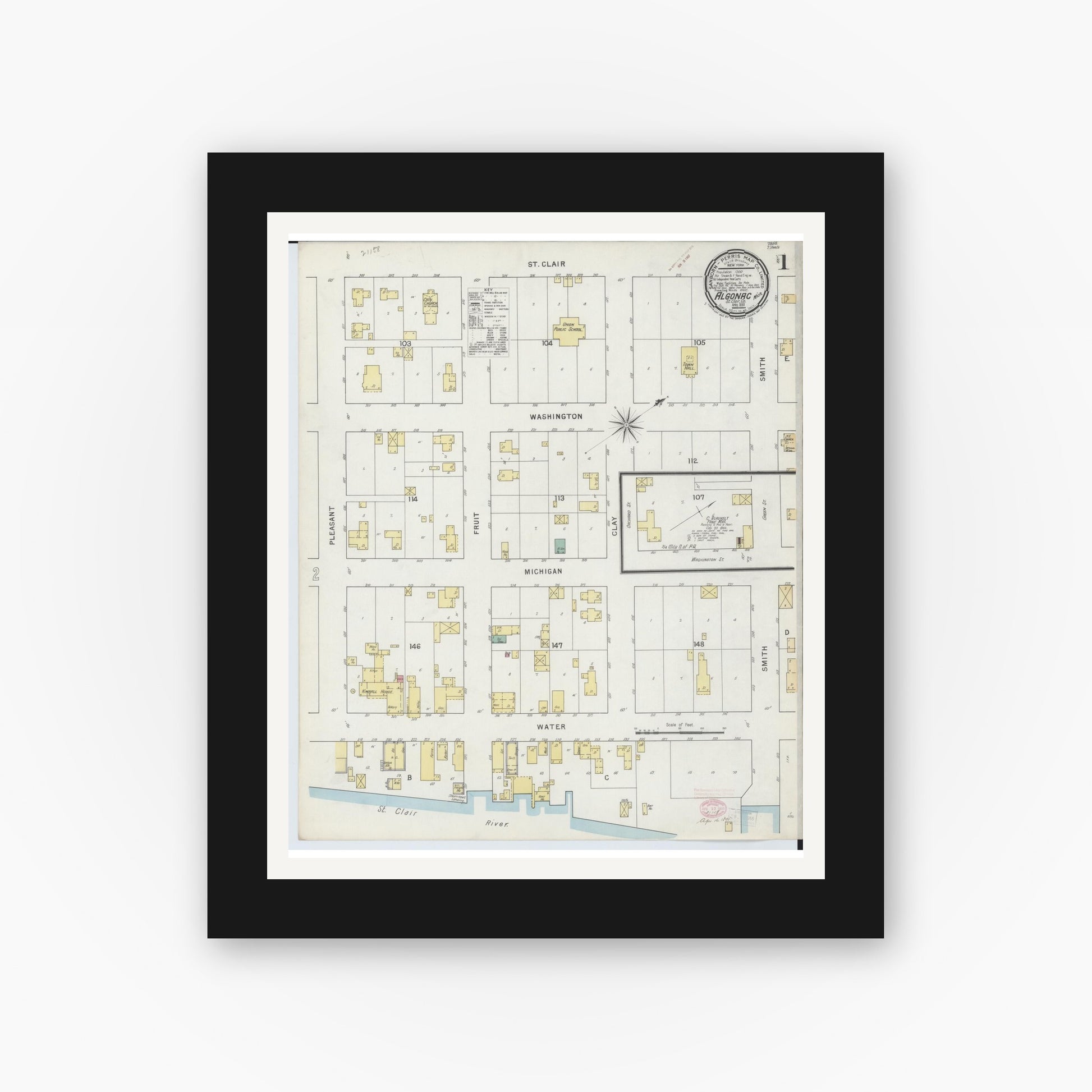 Old map wall art mockup — black gallery frame with white mat — Sanborn Fire Insurance Map from Algonac, Saint Clair County, Michigan (1895), Sheet #0001