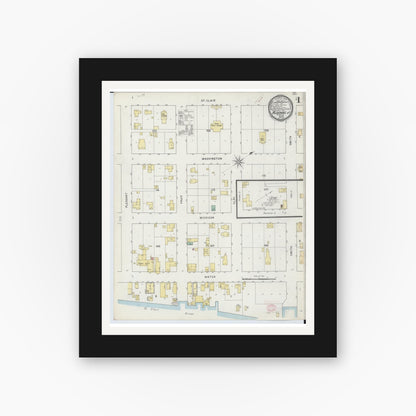 Old map wall art mockup — black gallery frame with white mat — Sanborn Fire Insurance Map from Algonac, Saint Clair County, Michigan (1895), Sheet #0001