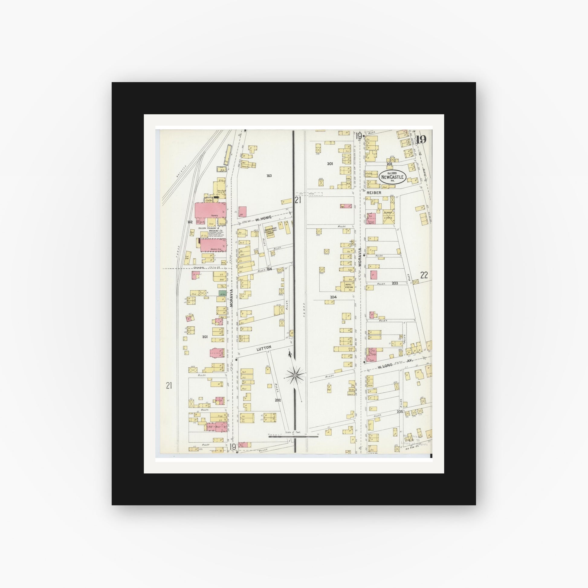 Old map wall art mockup — black gallery frame with white mat — Sanborn Fire Insurance Map from New Castle, Lawrence County, Pennsylvania (1899), Sheet #0019