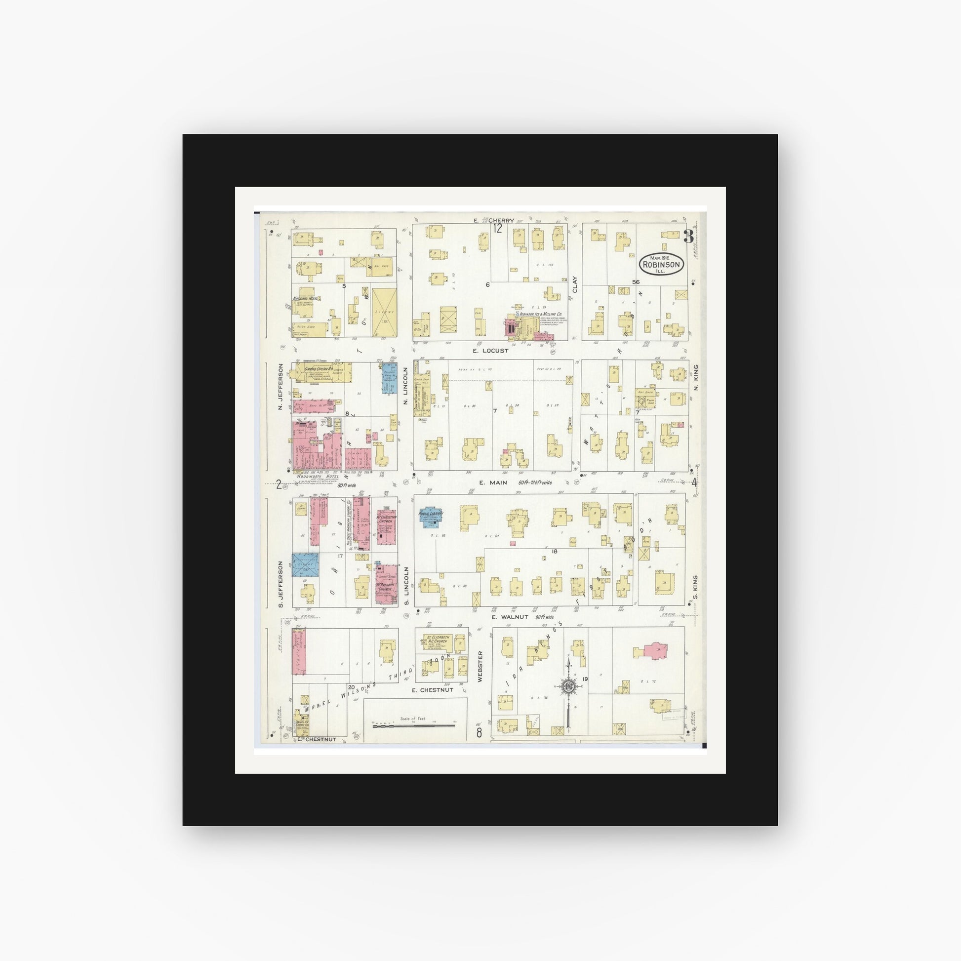 Old map wall art mockup — black gallery frame with white mat — Sanborn Fire Insurance Map from Robinson, Crawford County, Illinois (1916), Sheet #0003