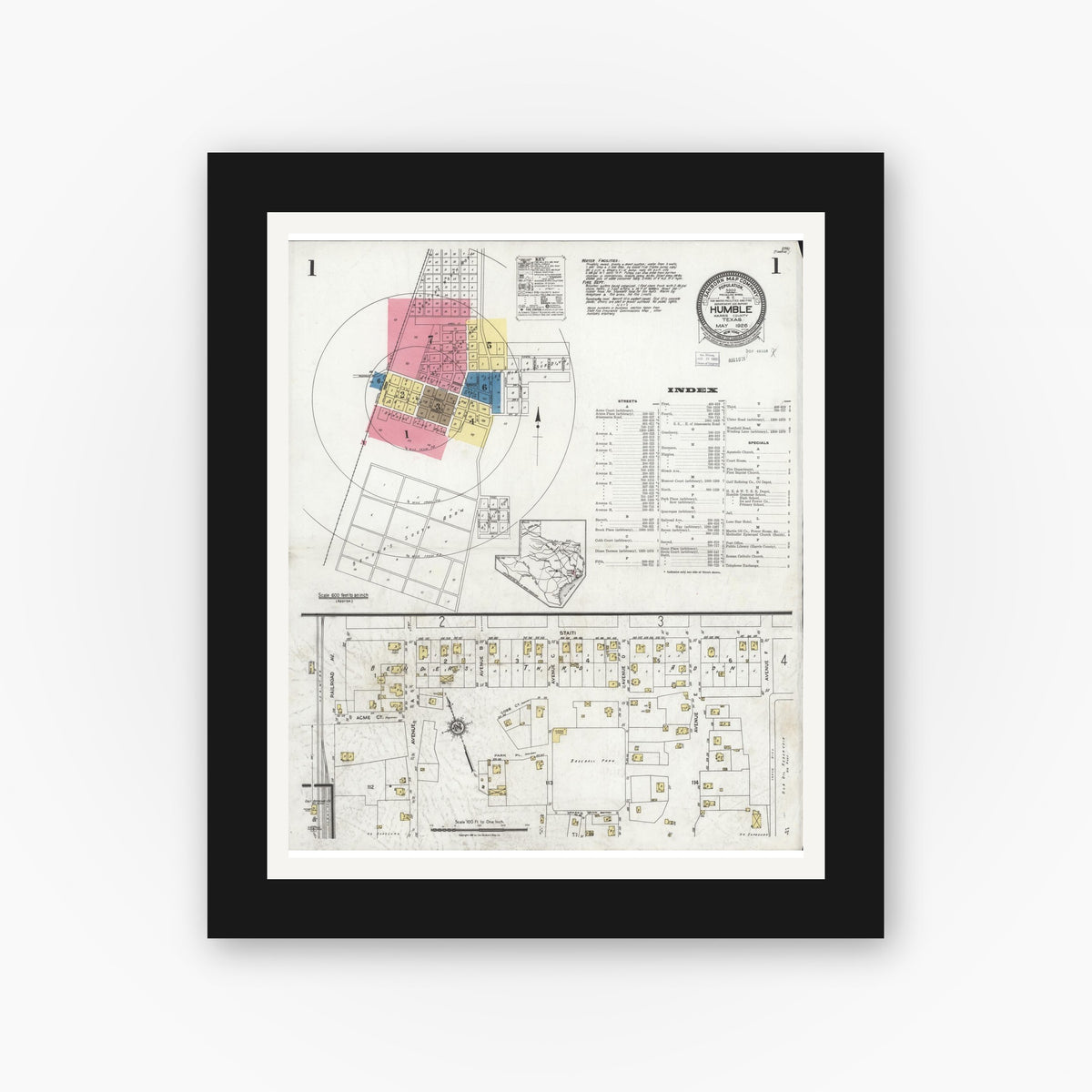 Old map wall art mockup — black gallery frame with white mat — Sanborn Fire Insurance Map from Humble, Harris County, Texas (1926) - Complete Map Set