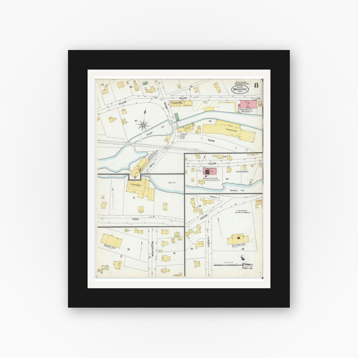 Old map wall art mockup — black gallery frame with white mat — Sanborn Fire Insurance Map from Braintree, Norfolk County, Massachusetts (1901), Sheet #0008