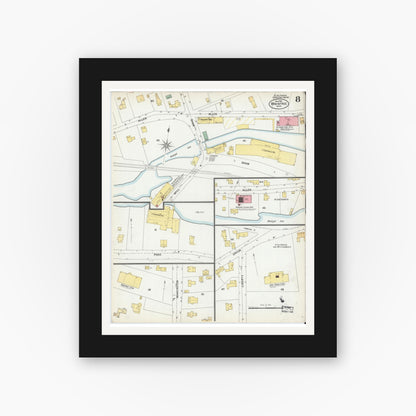 Old map wall art mockup — black gallery frame with white mat — Sanborn Fire Insurance Map from Braintree, Norfolk County, Massachusetts (1901), Sheet #0008