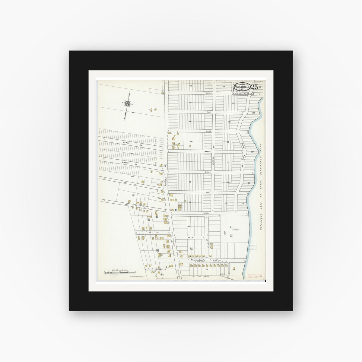 Old map wall art mockup — black gallery frame with white mat — Sanborn Fire Insurance Map from Patchogue, Suffolk County, New York (1916), Sheet #0025