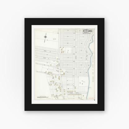 Old map wall art mockup — black gallery frame with white mat — Sanborn Fire Insurance Map from Patchogue, Suffolk County, New York (1916), Sheet #0025