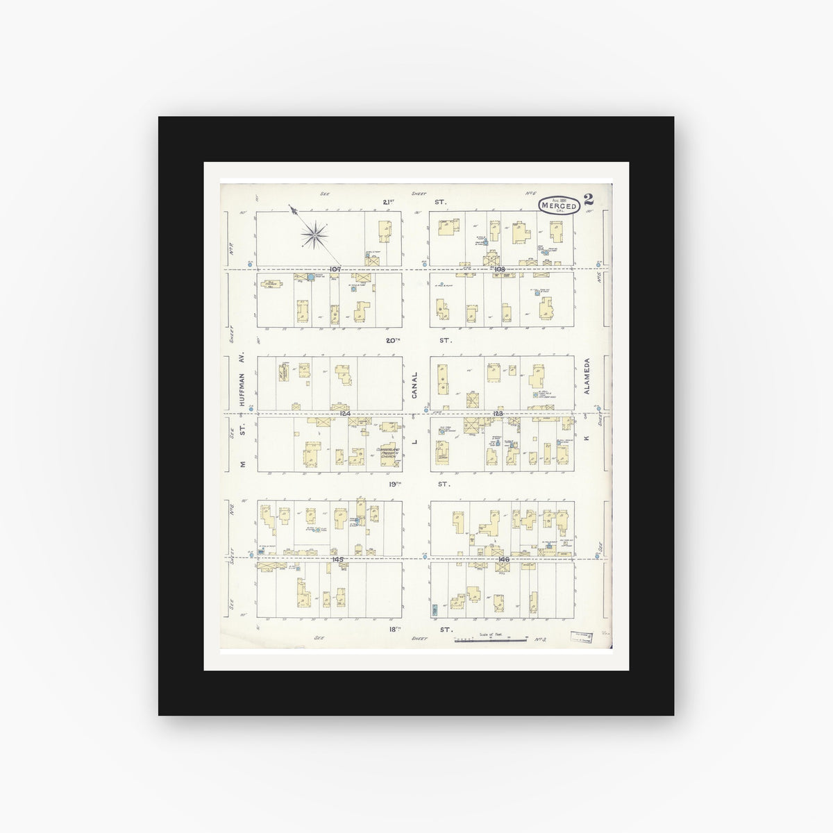 Old map wall art mockup — black gallery frame with white mat — Sanborn Fire Insurance Map from Merced, Merced County, California (1891), Sheet #0002