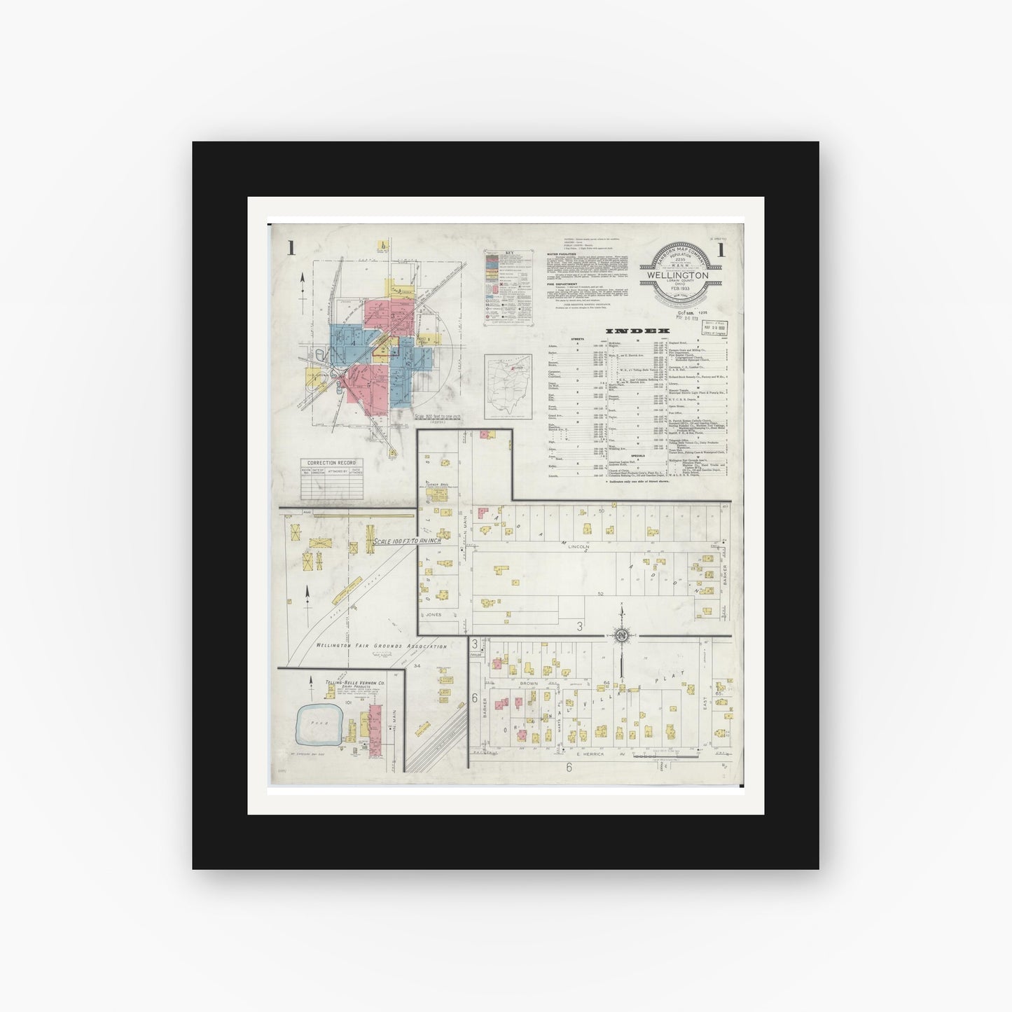 Old map wall art mockup — black gallery frame with white mat — Sanborn Fire Insurance Map from Wellington, Lorain County, Ohio (1933), Sheet #0001