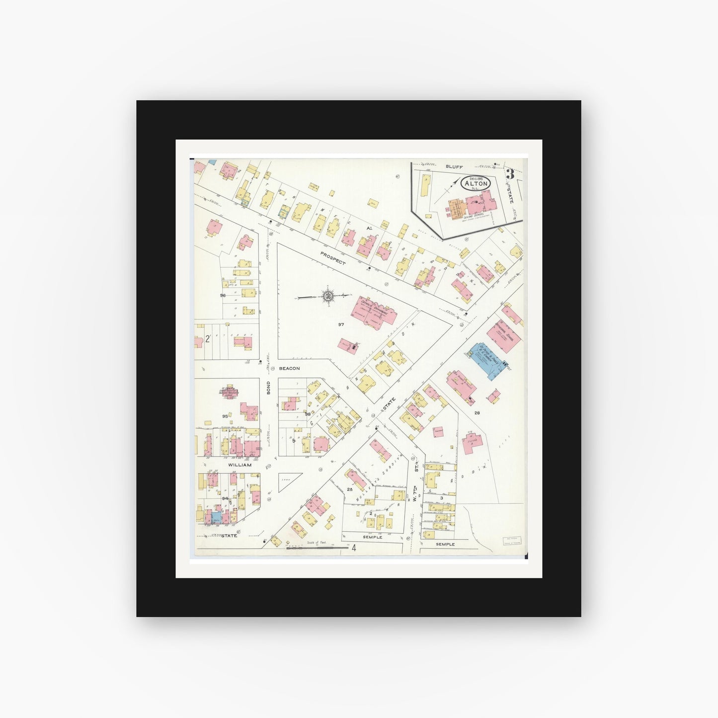 Old map wall art mockup — black gallery frame with white mat — Sanborn Fire Insurance Map from Alton, Madison County, Illinois (1915), Sheet #0003