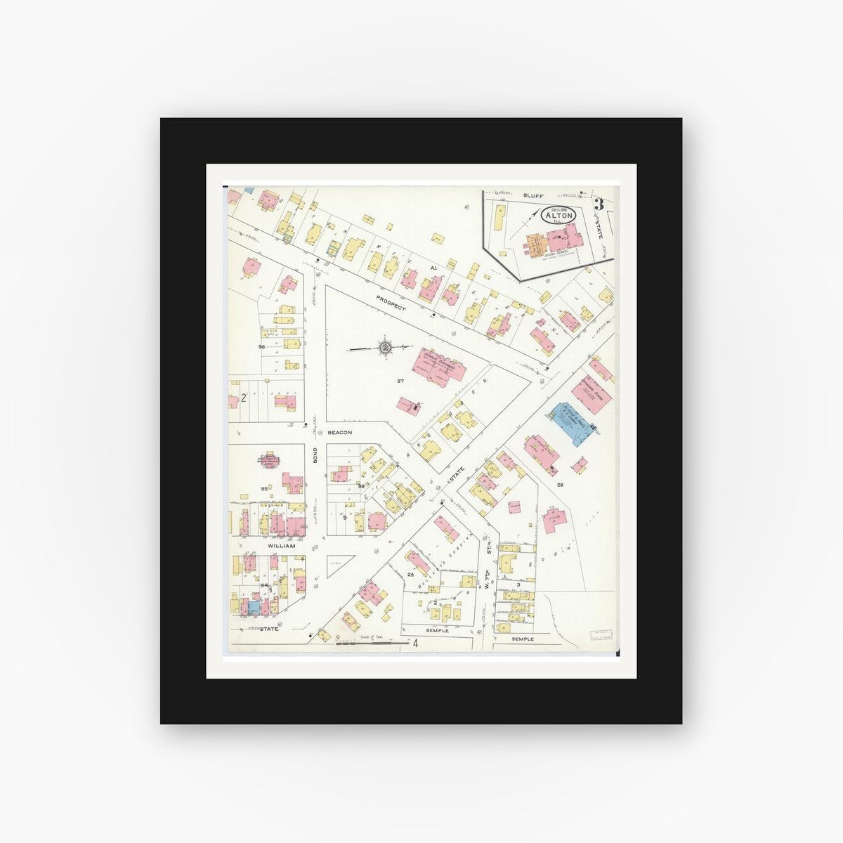 Old map wall art mockup — black gallery frame with white mat — Sanborn Fire Insurance Map from Alton, Madison County, Illinois (1915), Sheet #0003