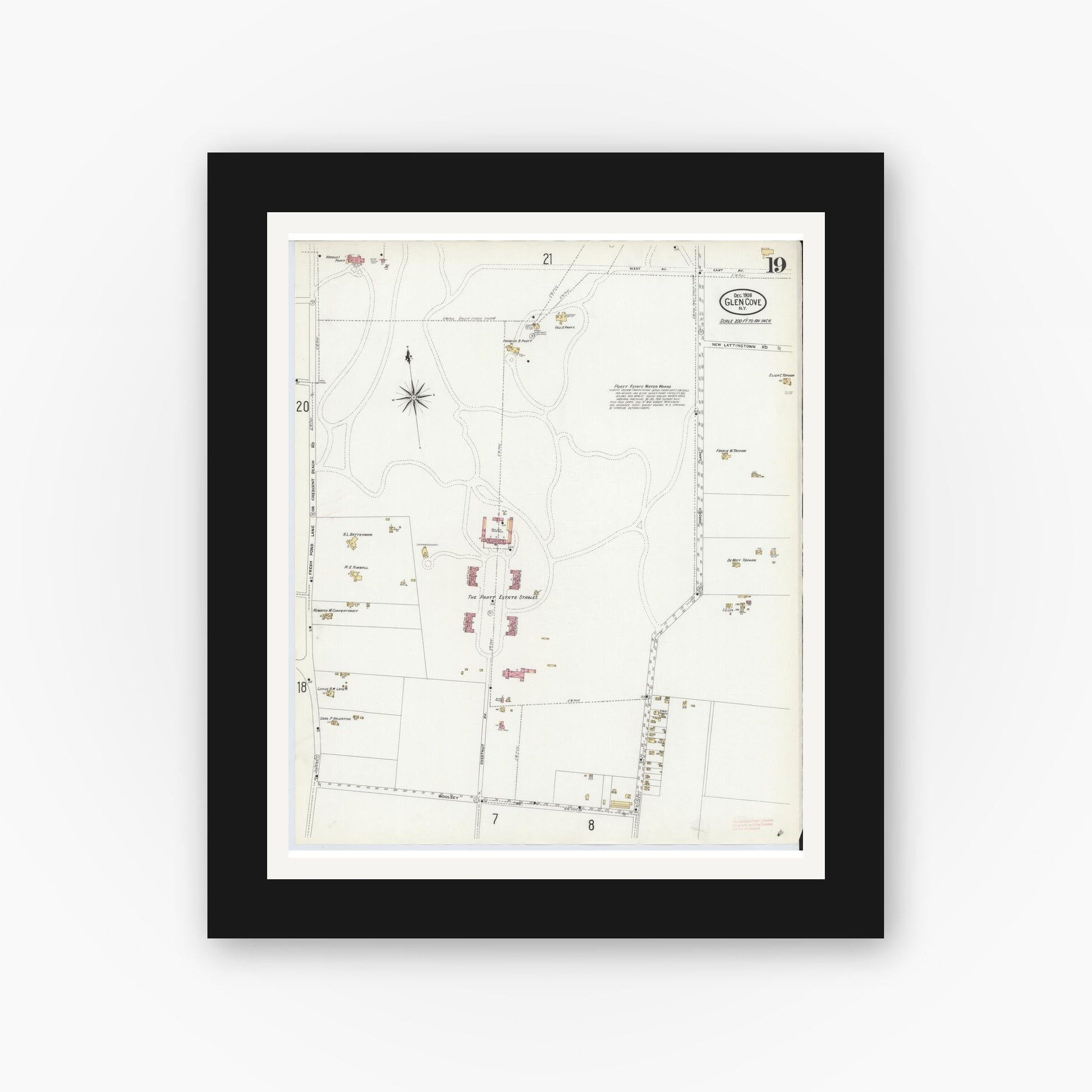 Old map wall art mockup — black gallery frame with white mat — Sanborn Fire Insurance Map from Glen Cove, Nassau County, New York (1908), Sheet #0019