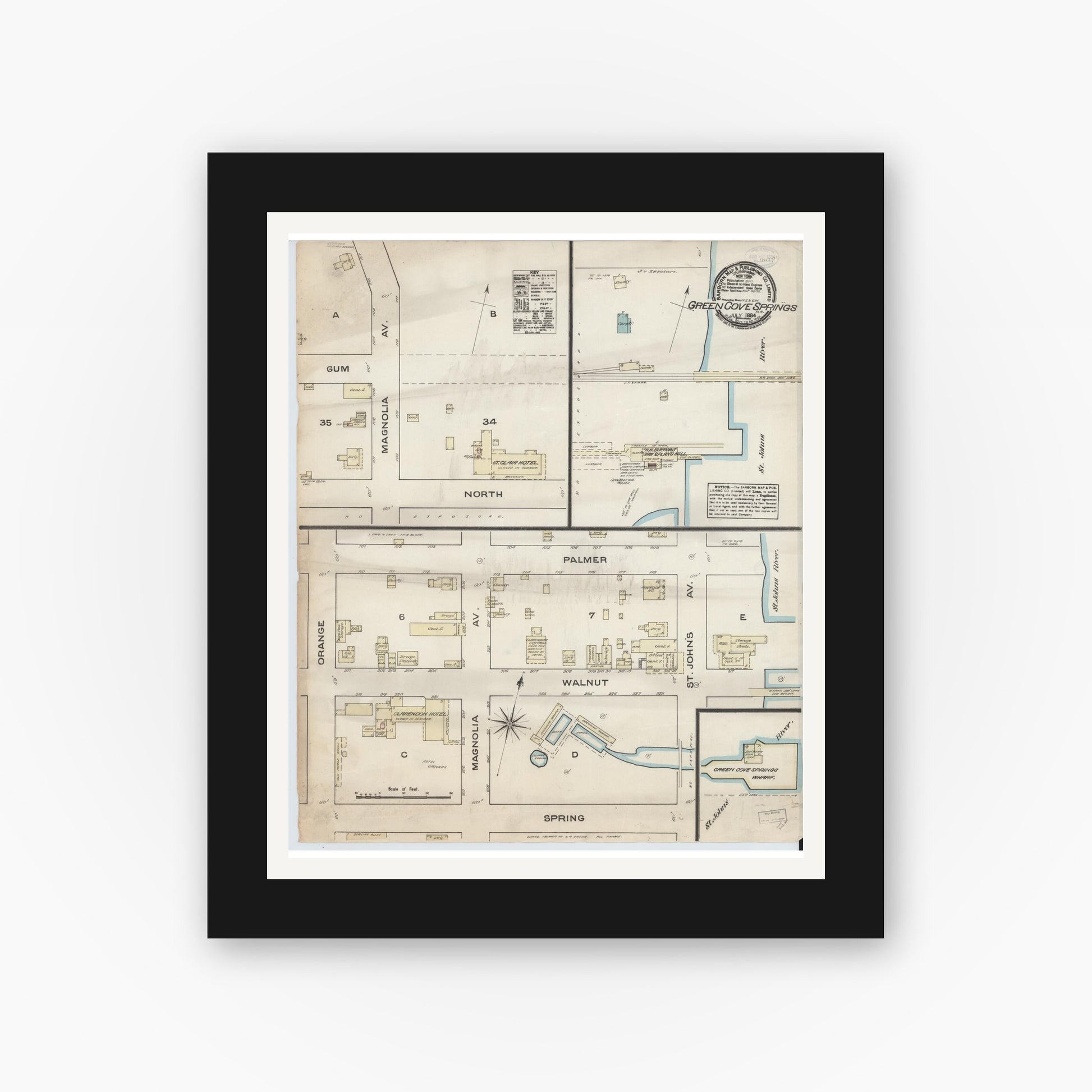 Old map wall art mockup — black gallery frame with white mat — Sanborn Fire Insurance Map from Green Cove Springs, Clay County, Florida (1884), Sheet #0001