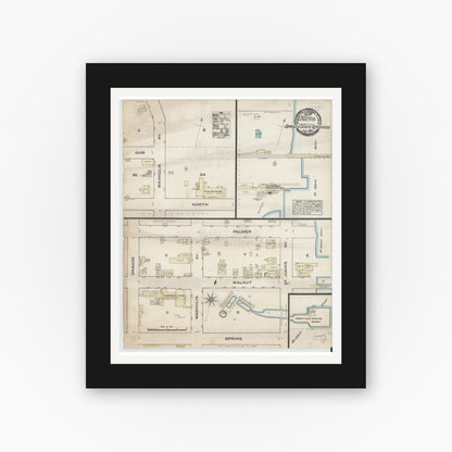Old map wall art mockup — black gallery frame with white mat — Sanborn Fire Insurance Map from Green Cove Springs, Clay County, Florida (1884), Sheet #0001