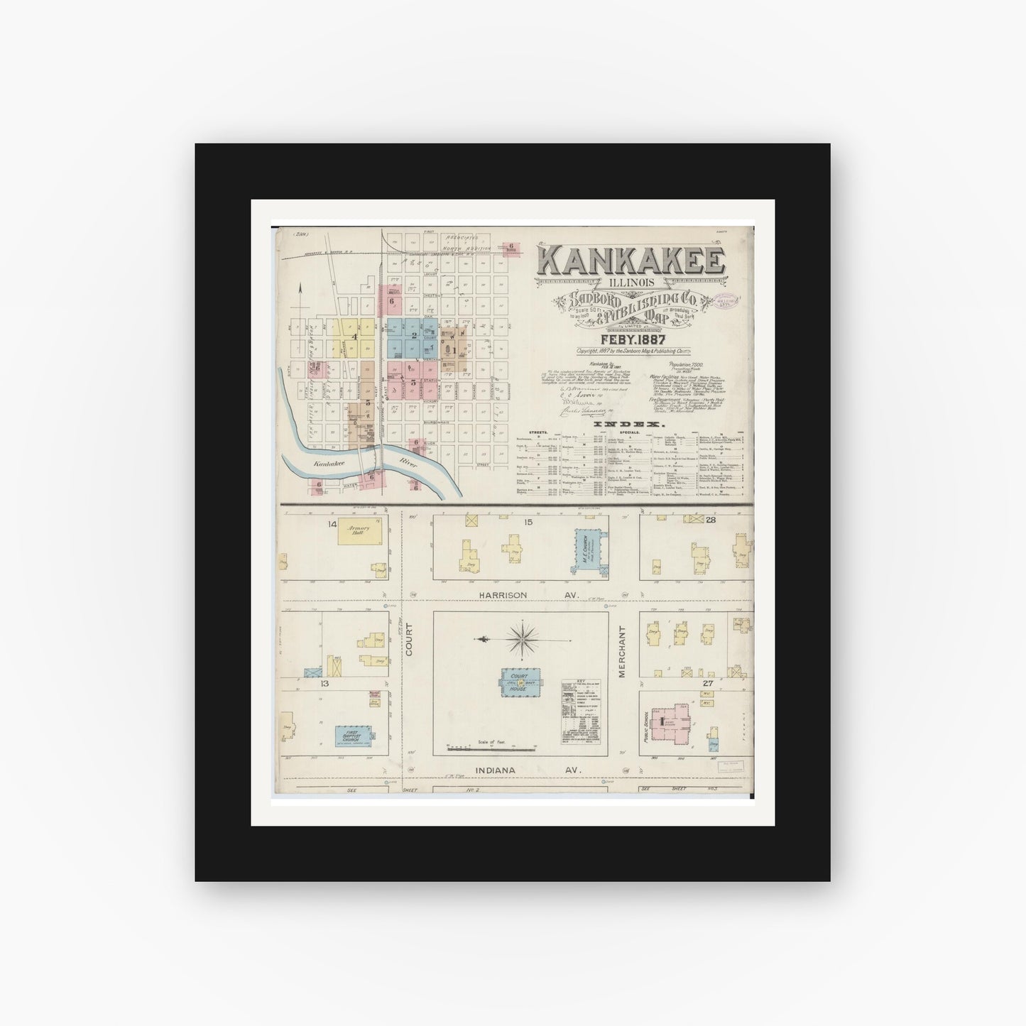 Old map wall art mockup — black gallery frame with white mat — Sanborn Fire Insurance Map from Kankakee, Kankakee County, Illinois (1887) - Complete Map Set