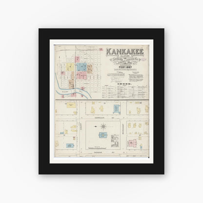 Old map wall art mockup — black gallery frame with white mat — Sanborn Fire Insurance Map from Kankakee, Kankakee County, Illinois (1887) - Complete Map Set