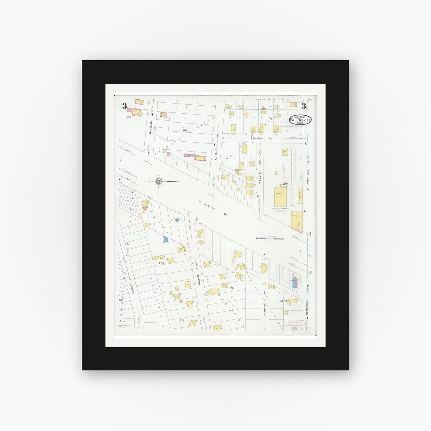 Old map wall art mockup — black gallery frame with white mat — Sanborn Fire Insurance Map from East Detroit, Macomb County, Michigan (1931), Sheet #0003
