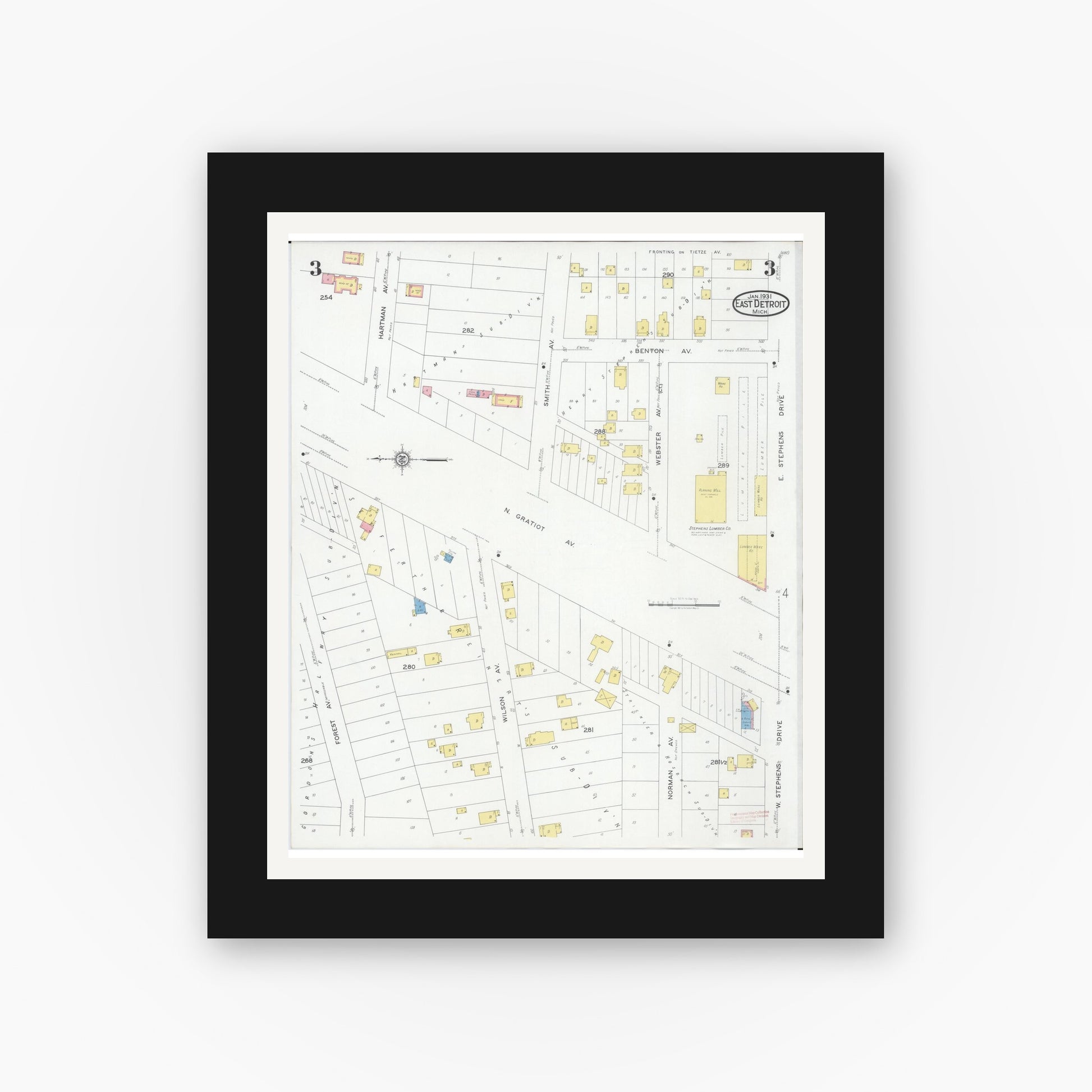 Old map wall art mockup — black gallery frame with white mat — Sanborn Fire Insurance Map from East Detroit, Macomb County, Michigan (1931), Sheet #0003