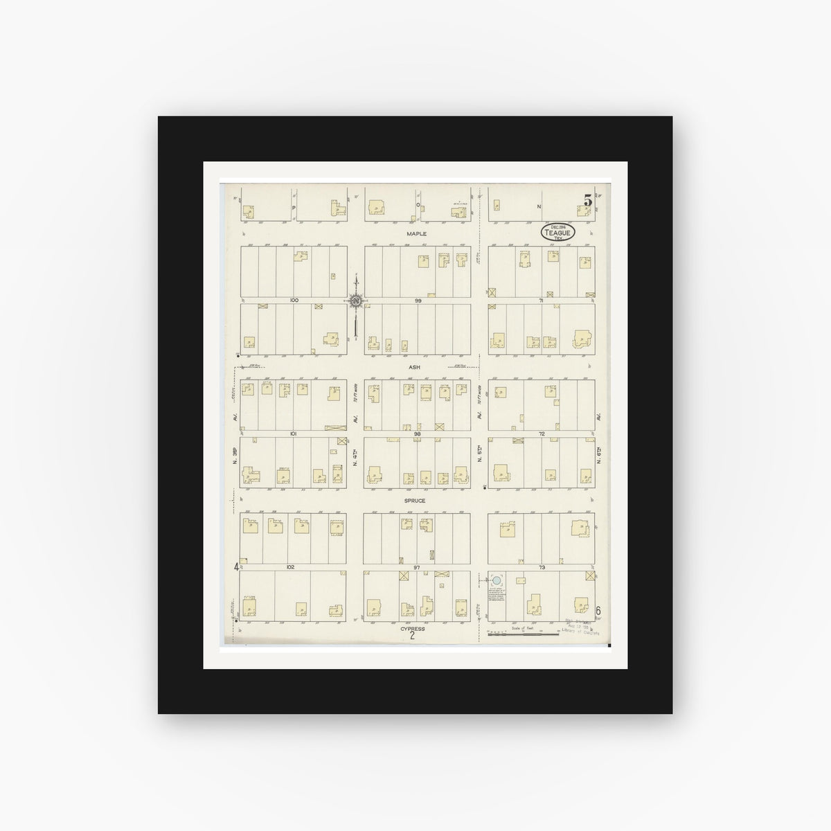 Old map wall art mockup — black gallery frame with white mat — Sanborn Fire Insurance Map from Teague, Freestone County, Texas (1914), Sheet #0005
