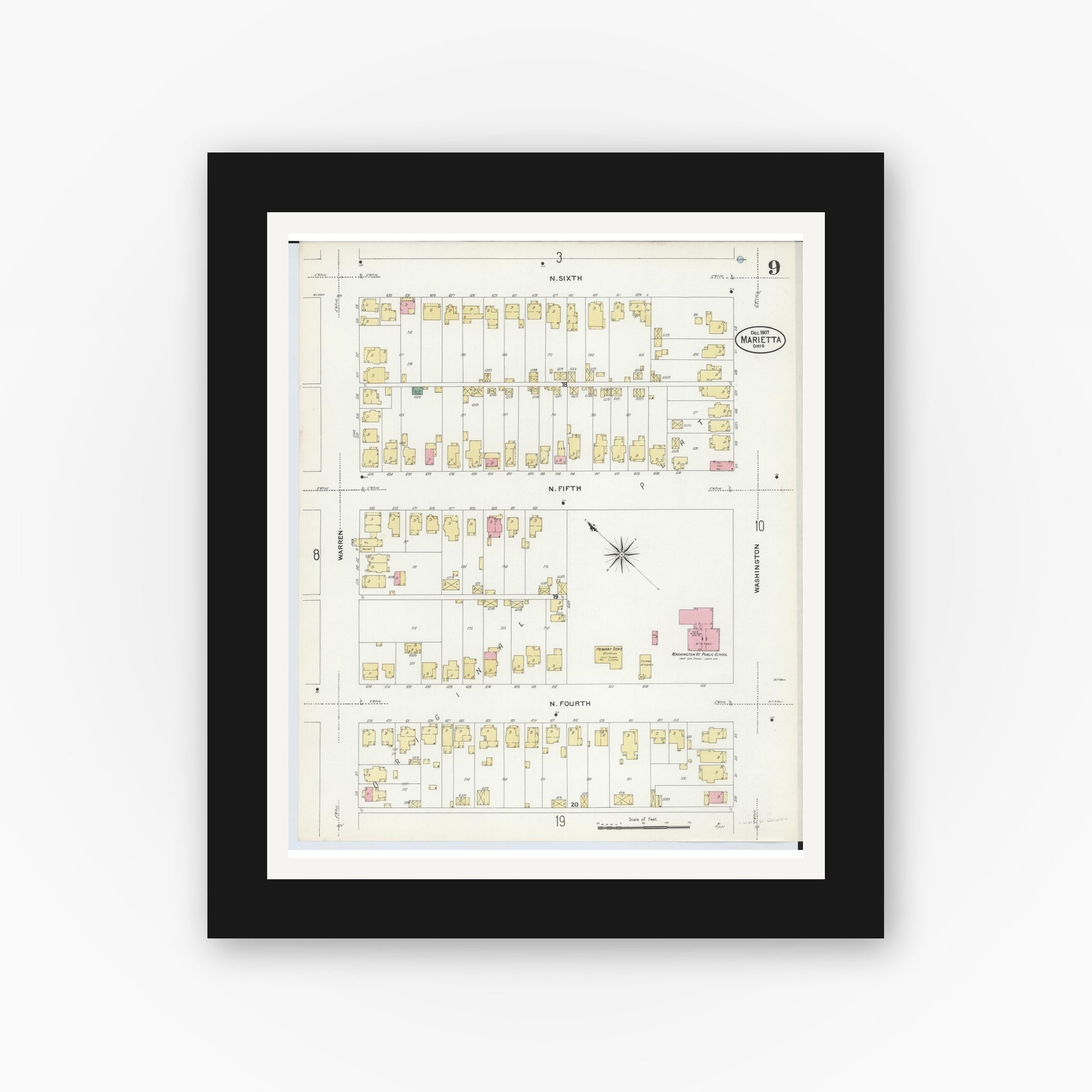 Old map wall art mockup — black gallery frame with white mat — Sanborn Fire Insurance Map from Marietta, Washington County, Ohio (1907), Sheet #0009
