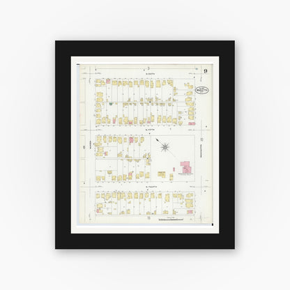 Old map wall art mockup — black gallery frame with white mat — Sanborn Fire Insurance Map from Marietta, Washington County, Ohio (1907), Sheet #0009