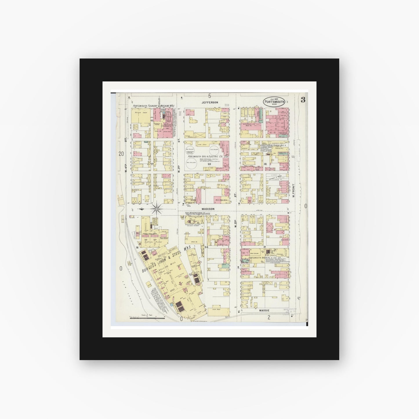 Old map wall art mockup — black gallery frame with white mat — Sanborn Fire Insurance Map from Portsmouth, Scioto County, Ohio (1897), Sheet #0003