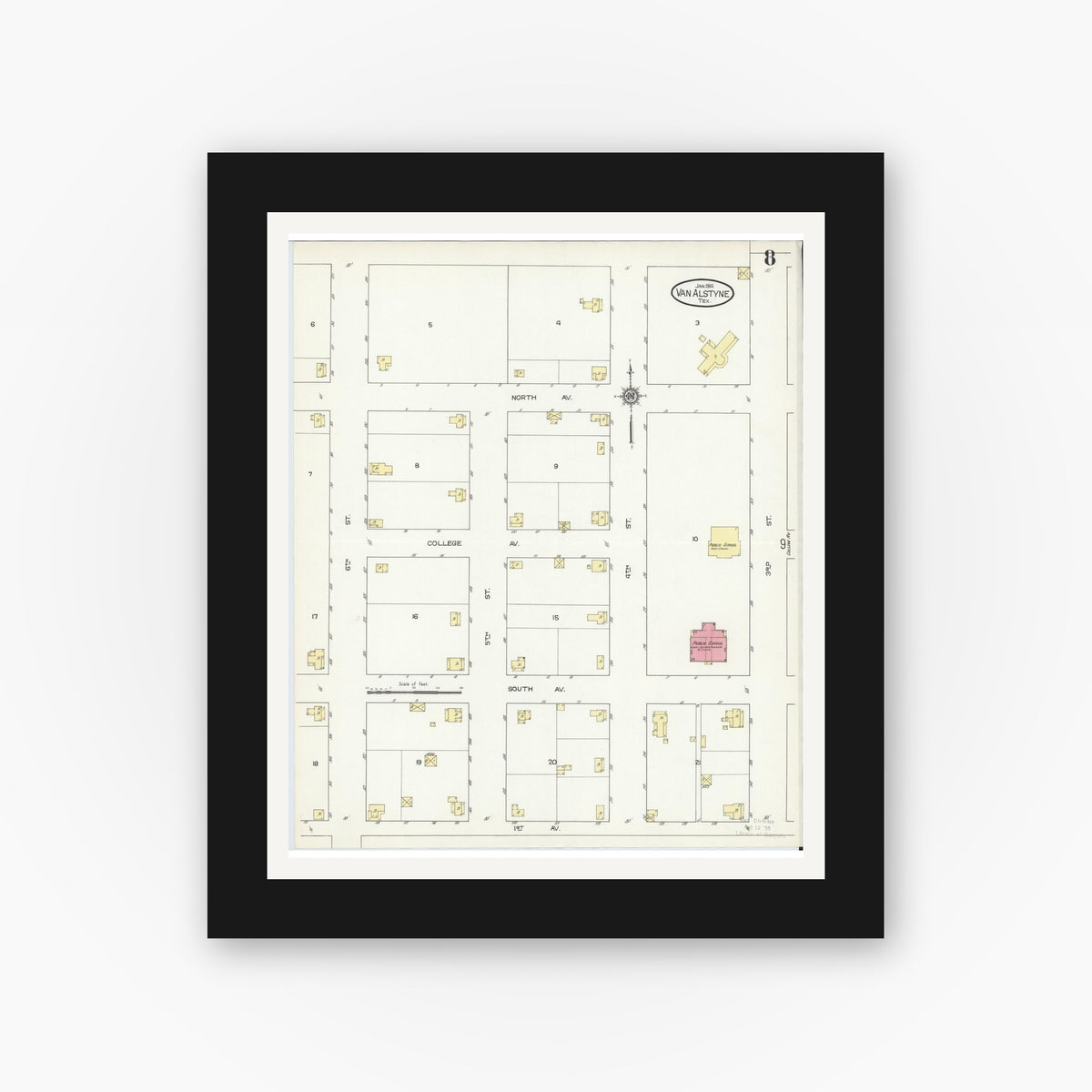 Old map wall art mockup — black gallery frame with white mat — Sanborn Fire Insurance Map from Van Alstyne, Grayson County, Texas (1914), Sheet #0008
