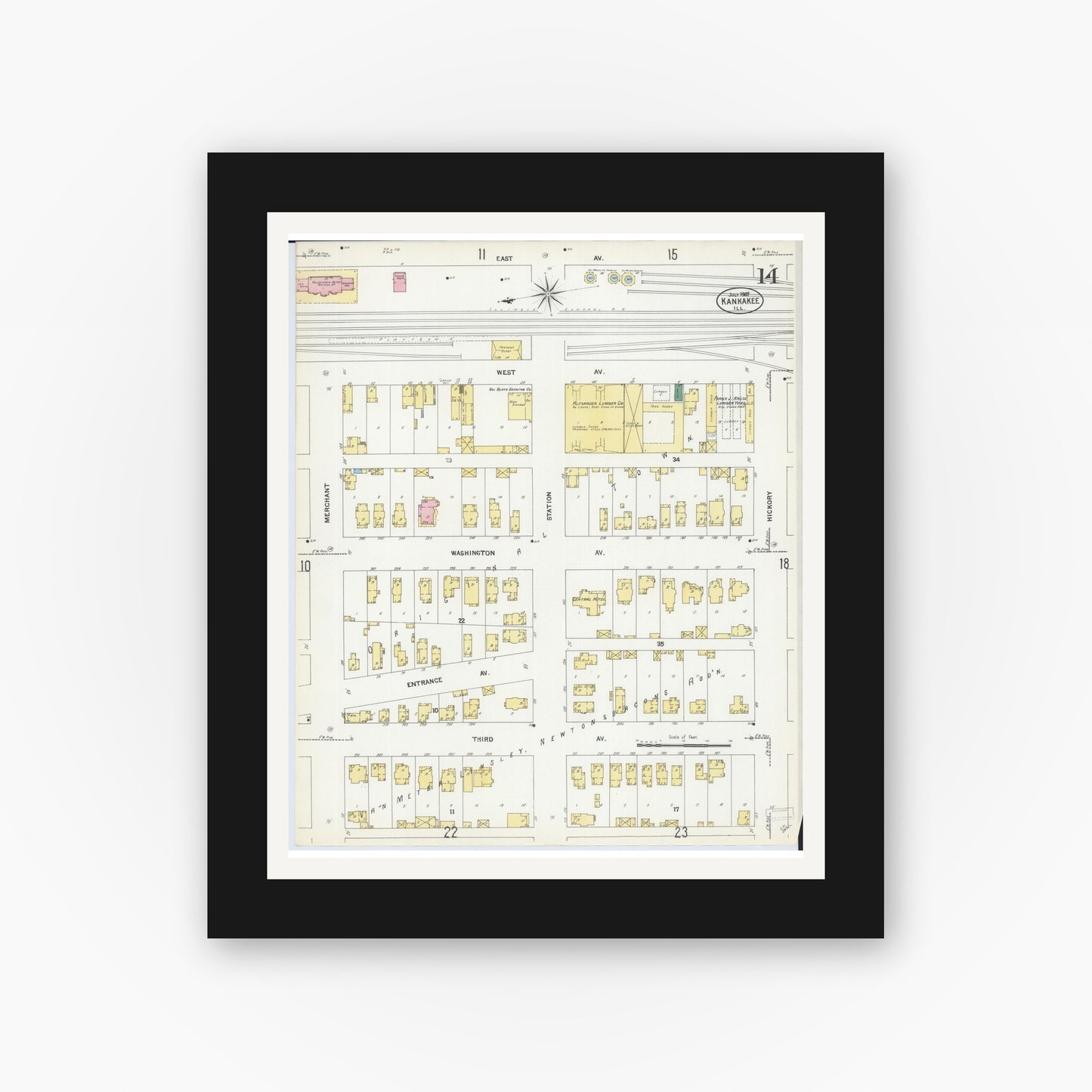 Old map wall art mockup — black gallery frame with white mat — Sanborn Fire Insurance Map from Kankakee, Kankakee County, Illinois (1907), Sheet #0014