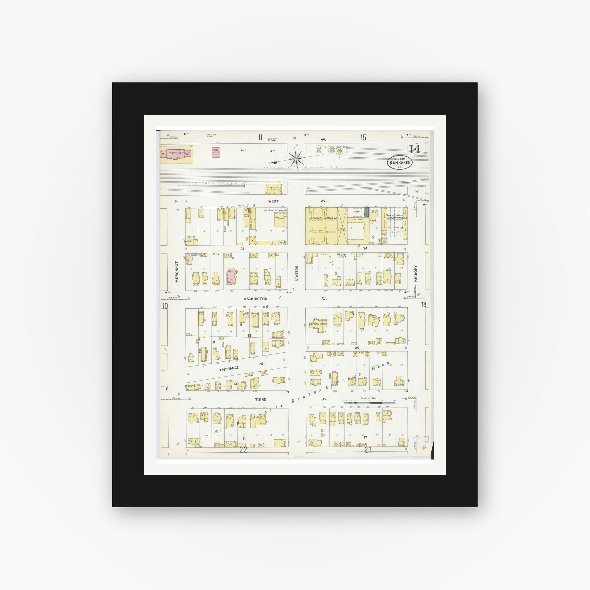 Old map wall art mockup — black gallery frame with white mat — Sanborn Fire Insurance Map from Kankakee, Kankakee County, Illinois (1907), Sheet #0014