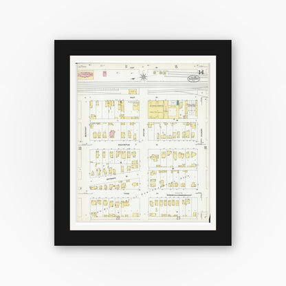 Old map wall art mockup — black gallery frame with white mat — Sanborn Fire Insurance Map from Kankakee, Kankakee County, Illinois (1907), Sheet #0014