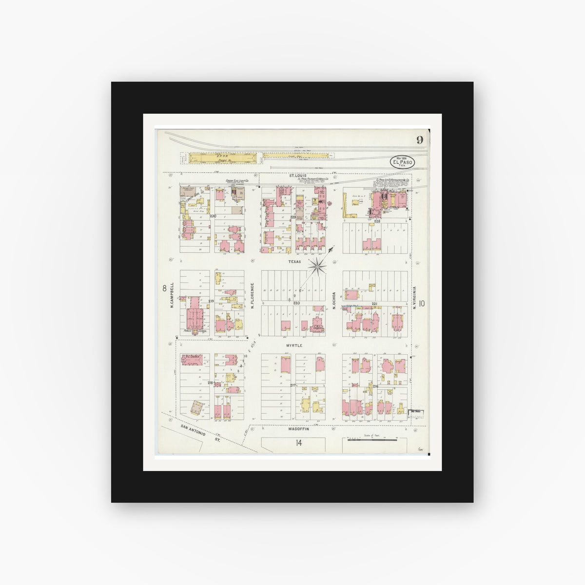Old map wall art mockup — black gallery frame with white mat — Sanborn Fire Insurance Map from El Paso, El Paso County, Texas (1898), Sheet #0009