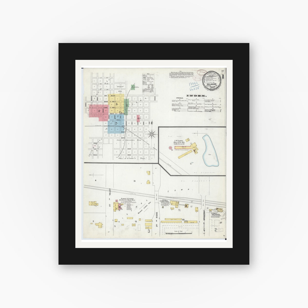 Old map wall art mockup — black gallery frame with white mat — Sanborn Fire Insurance Map from Delavan, Tazewell County, Illinois (1899) - Complete Map Set