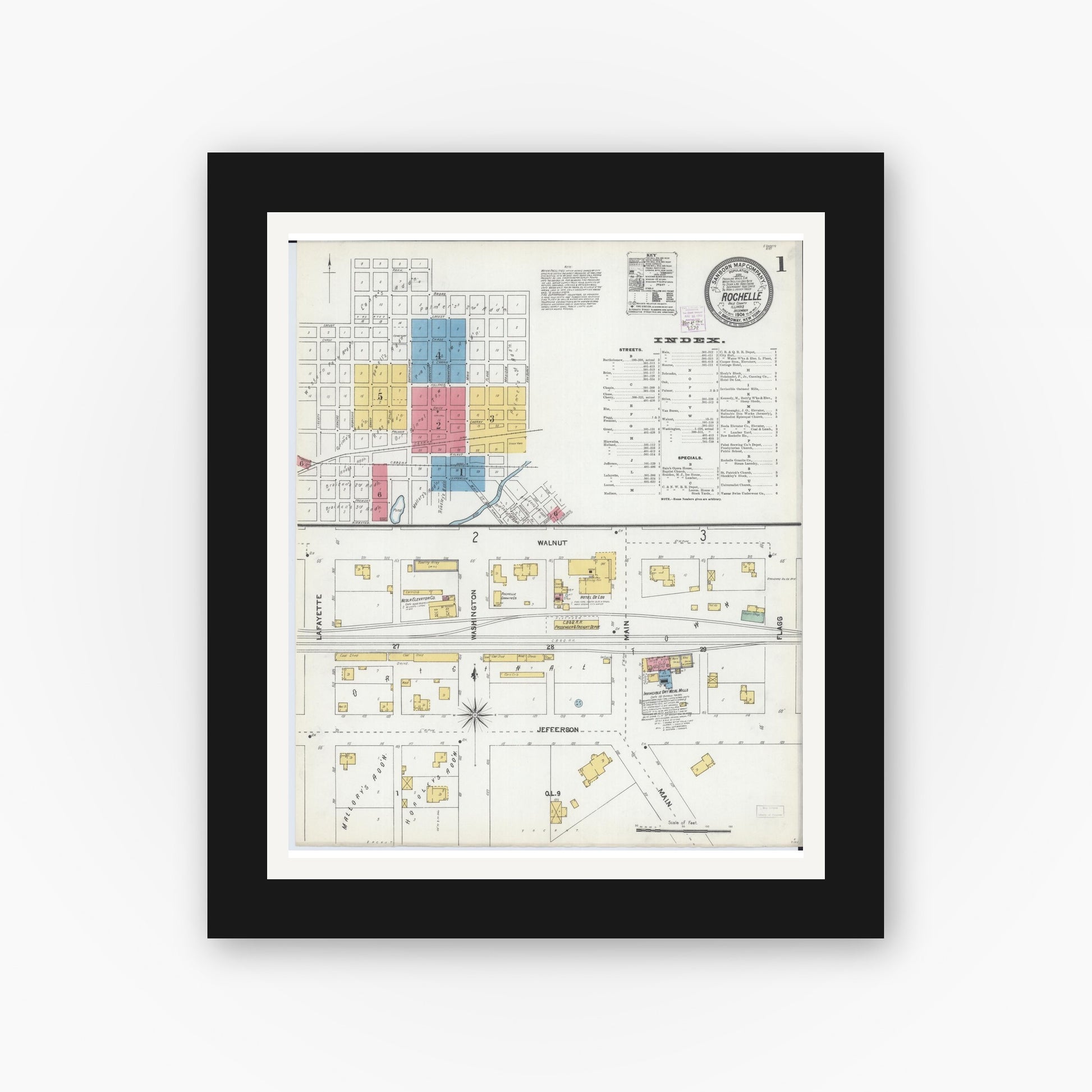 Old map wall art mockup — black gallery frame with white mat — Sanborn Fire Insurance Map from Rochelle, Ogle County, Illinois (1904) - Complete Map Set