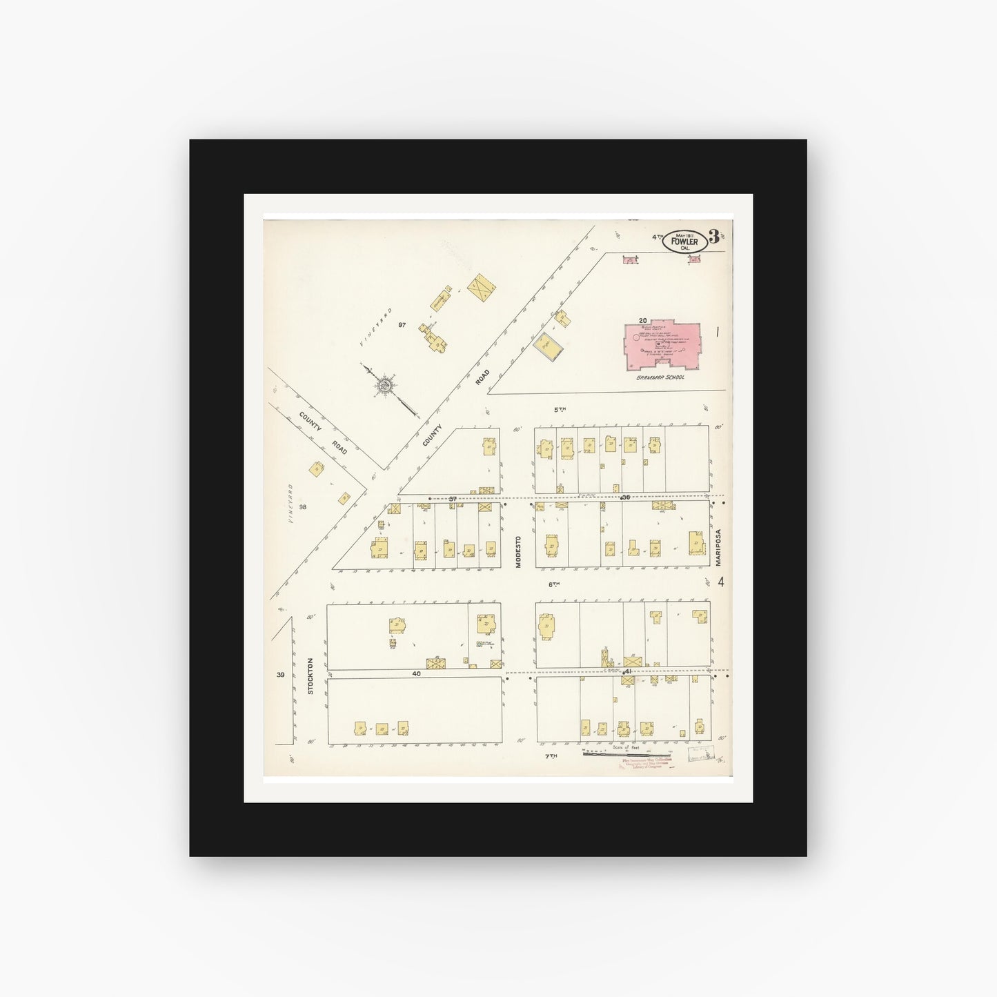 Old map wall art mockup — black gallery frame with white mat — Sanborn Fire Insurance Map from Fowler, Fresno County, California (1911), Sheet #0003