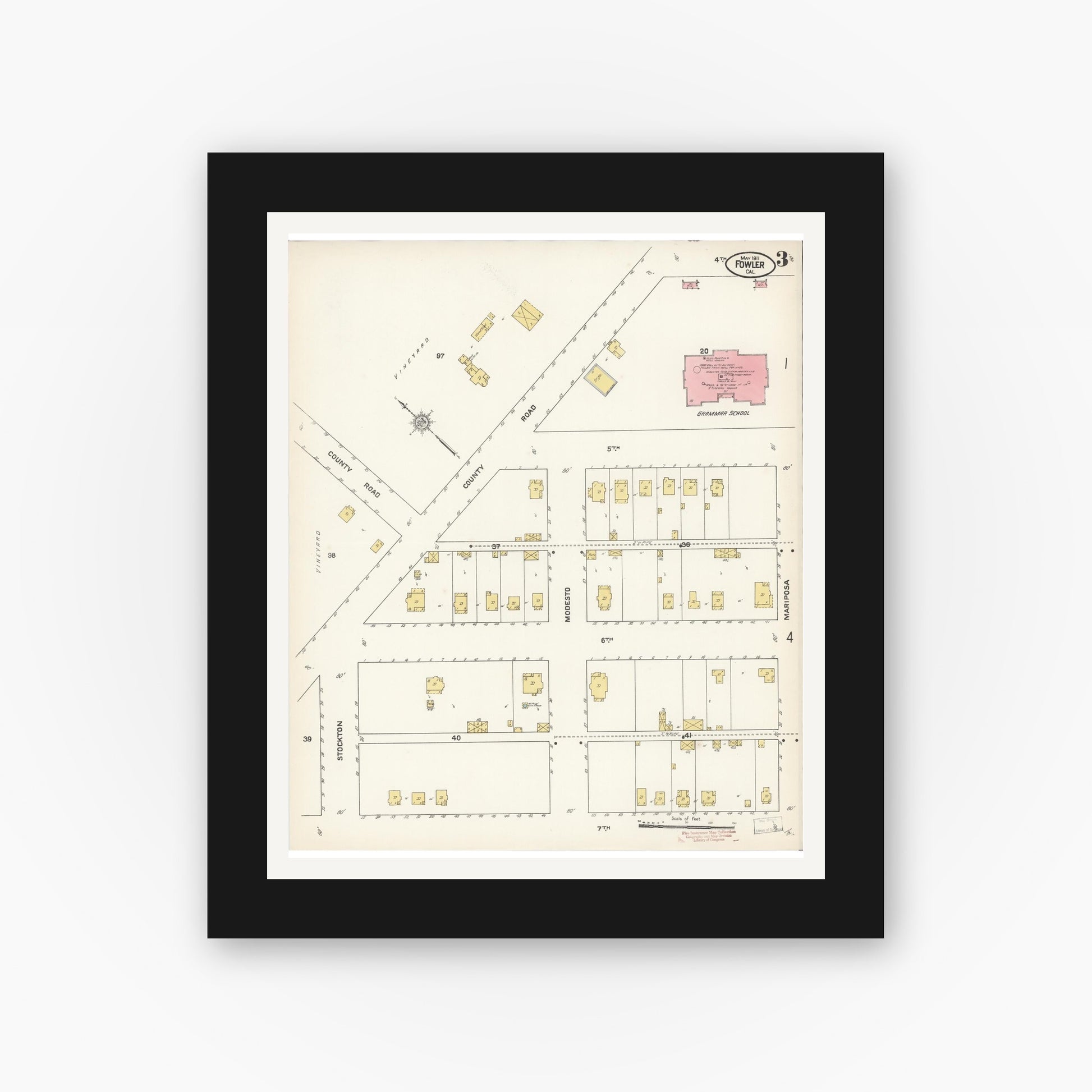 Old map wall art mockup — black gallery frame with white mat — Sanborn Fire Insurance Map from Fowler, Fresno County, California (1911), Sheet #0003
