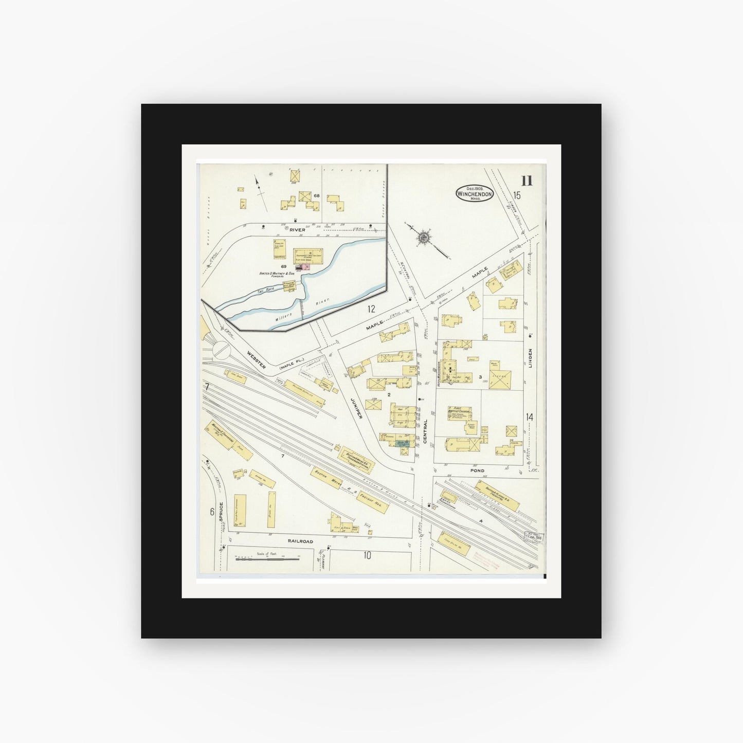 Old map wall art mockup — black gallery frame with white mat — Sanborn Fire Insurance Map from Winchendon, Worcester County, Massachusetts (1909), Sheet #0011