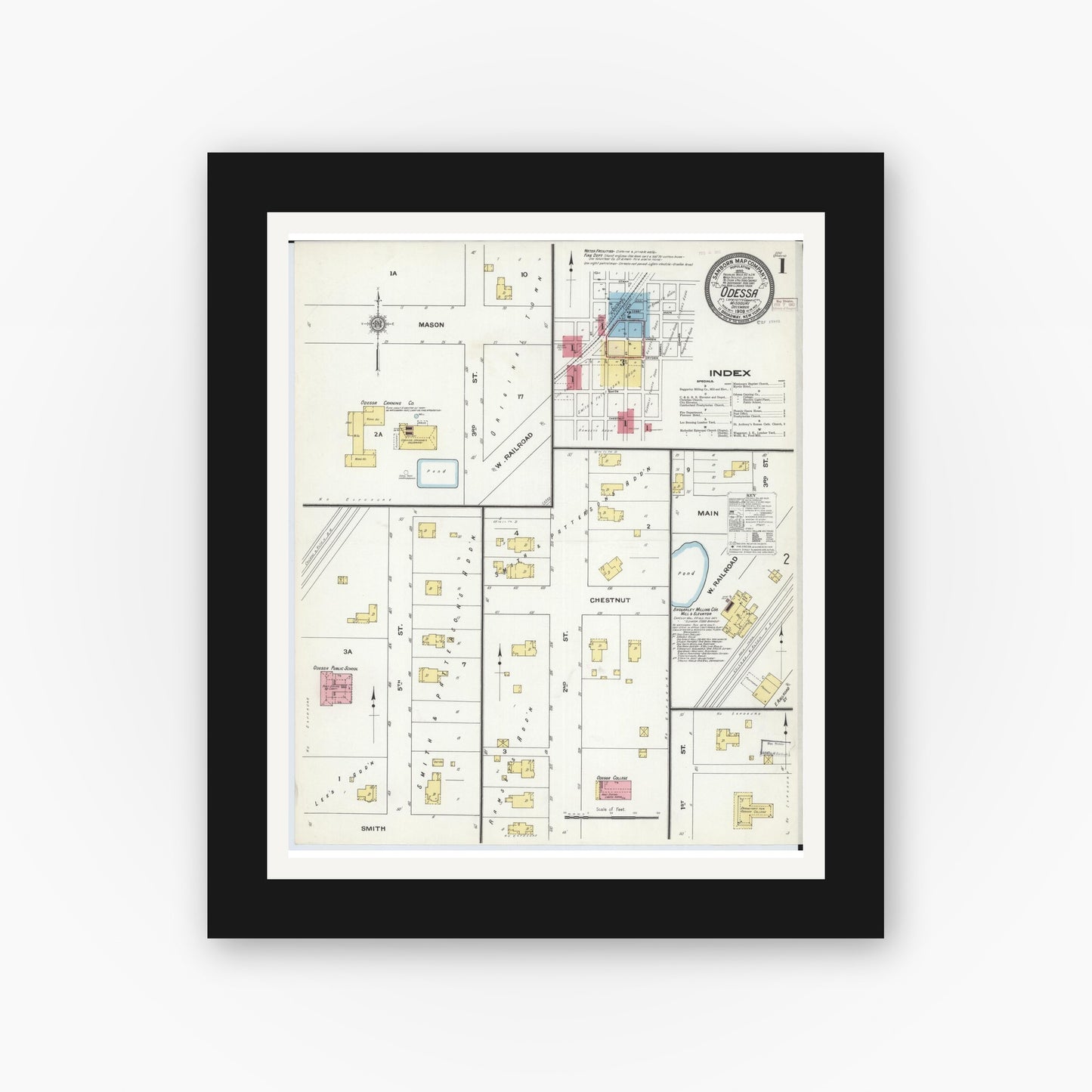 Old map wall art mockup — black gallery frame with white mat — Sanborn Fire Insurance Map from Odessa, Lafayette County, Missouri (1909) - Complete Map Set