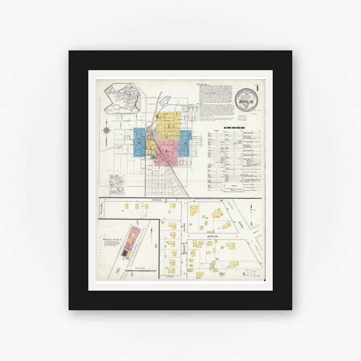 Old map wall art mockup — black gallery frame with white mat — Sanborn Fire Insurance Map from Marlin, Falls County, Texas (1916) - Complete Map Set