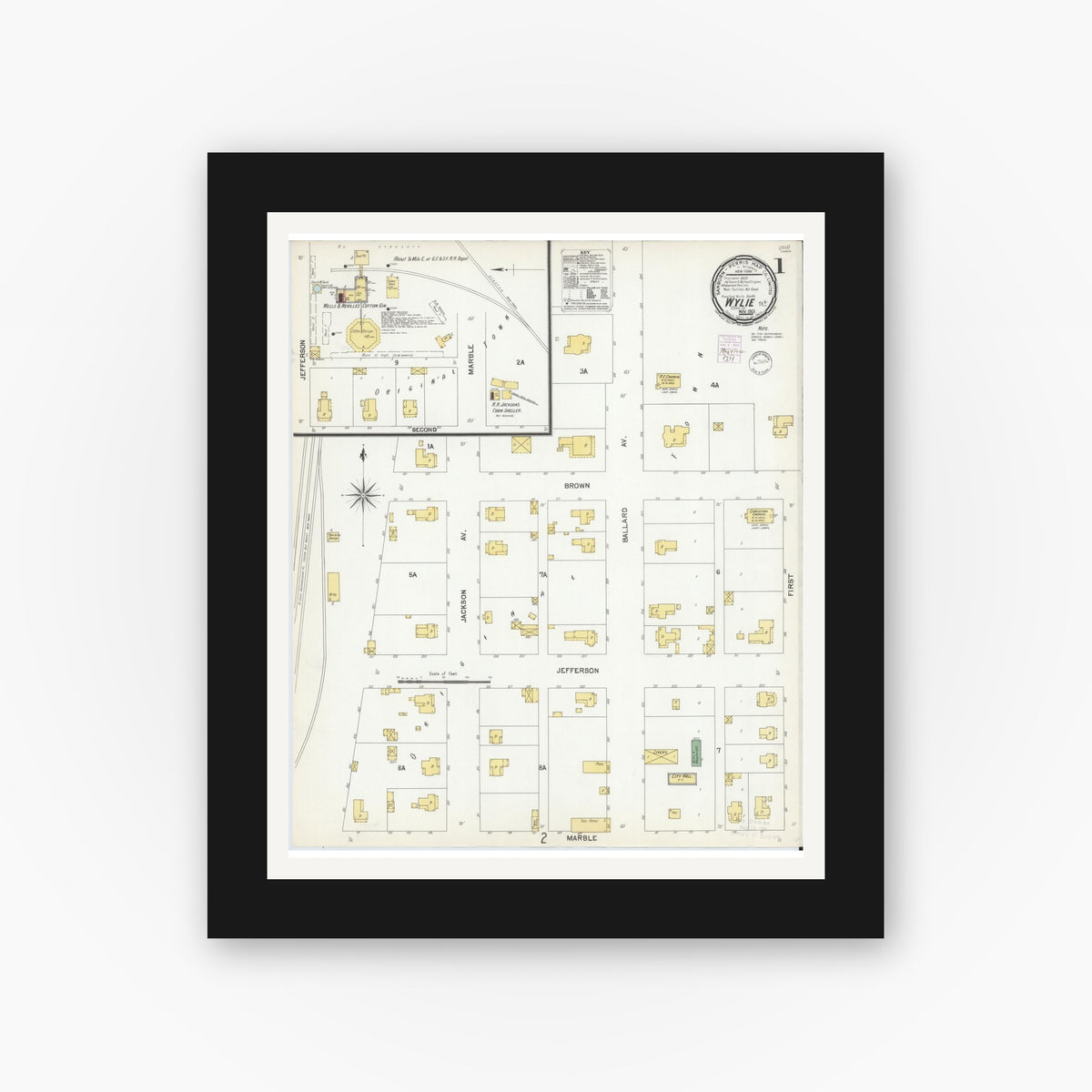Old map wall art mockup — black gallery frame with white mat — Sanborn Fire Insurance Map from Wylie, Collin County, Texas (1901), Sheet #0001