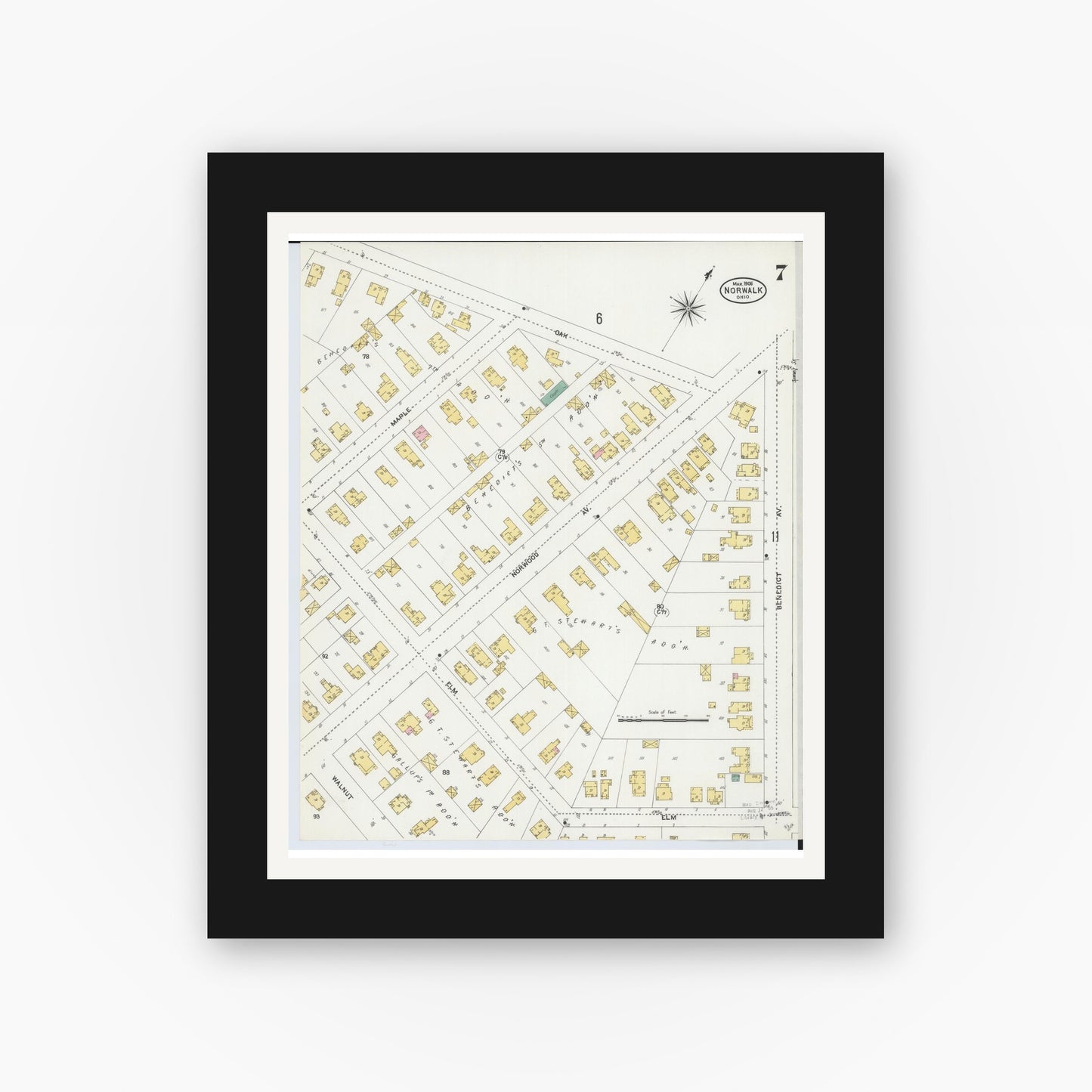 Old map wall art mockup — black gallery frame with white mat — Sanborn Fire Insurance Map from Norwalk, Huron County, Ohio (1906), Sheet #0007