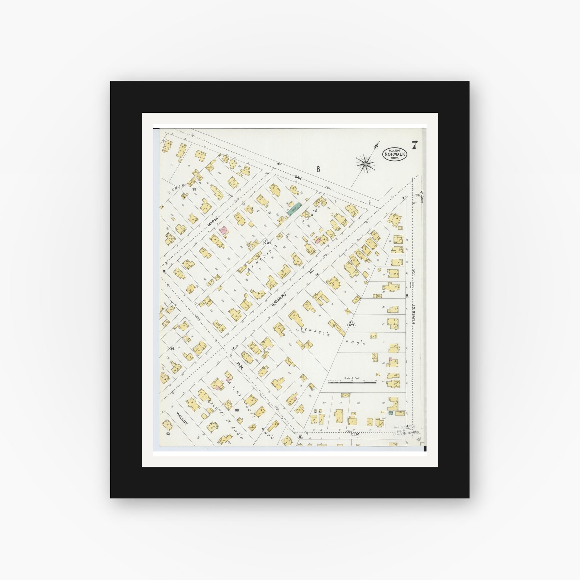 Old map wall art mockup — black gallery frame with white mat — Sanborn Fire Insurance Map from Norwalk, Huron County, Ohio (1906), Sheet #0007