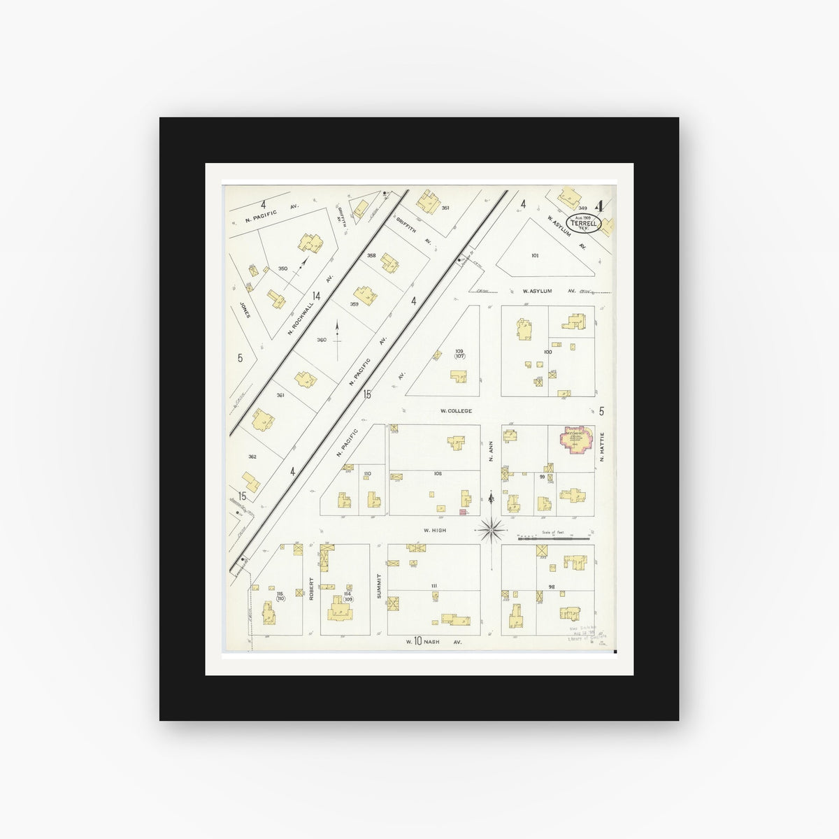 Old map wall art mockup — black gallery frame with white mat — Sanborn Fire Insurance Map from Terrell, Kaufman County, Texas (1909), Sheet #0004