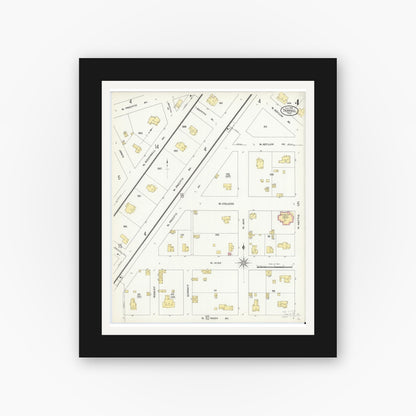 Old map wall art mockup — black gallery frame with white mat — Sanborn Fire Insurance Map from Terrell, Kaufman County, Texas (1909), Sheet #0004